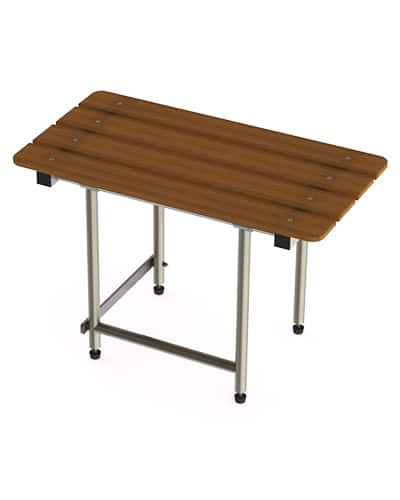 A rectangular Shower Seat with four metal legs and a simple frame, shown on a white background. The slatted wooden seat is supported by metal bars connecting the legs for added stability.