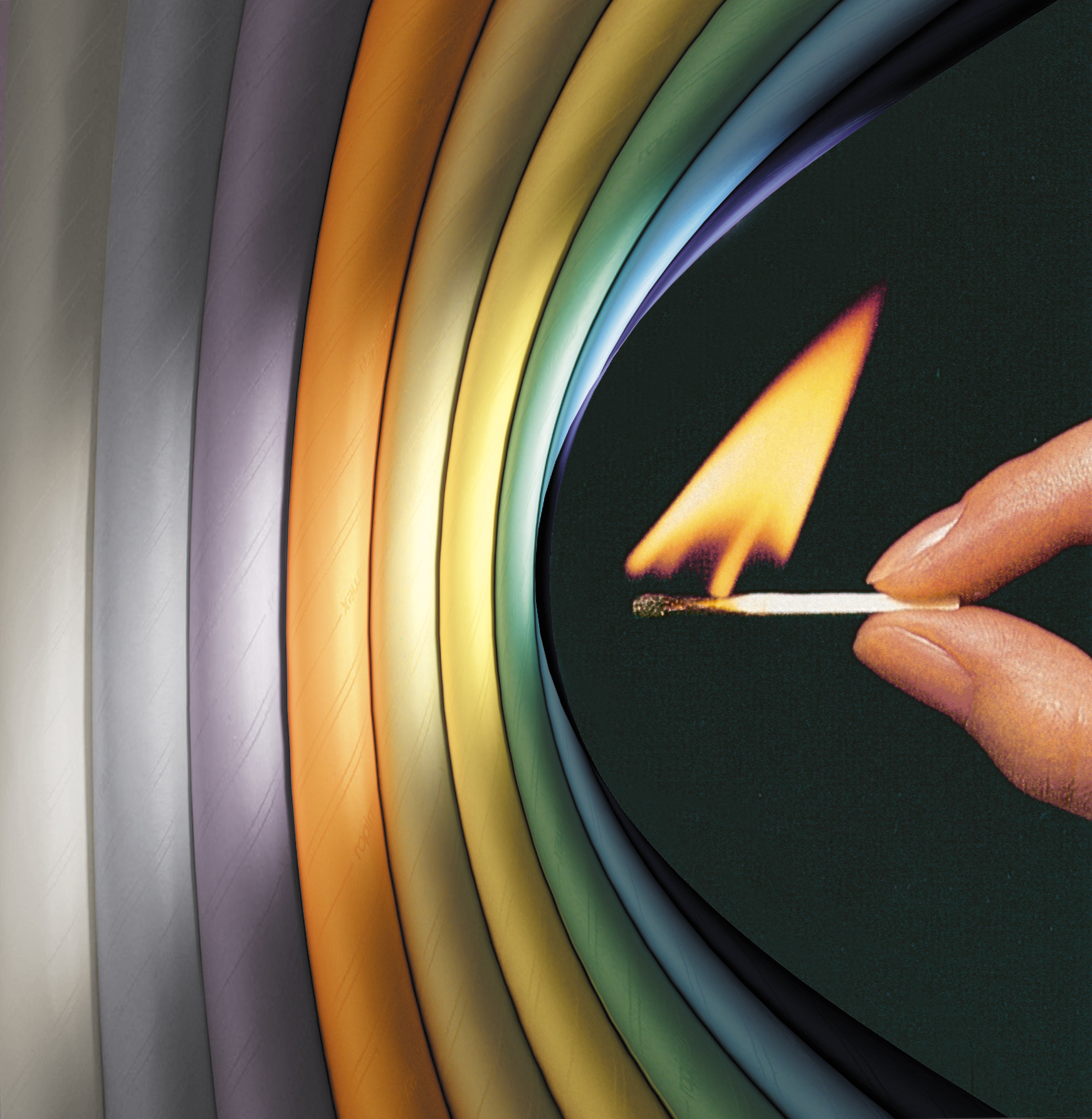 A hand holds a lit match against a dark background, with vibrant, curved bands of Trevira®CS TCS Privacy Curtains converging from the left toward the flame.