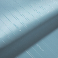 A close-up of Trevira®CS TCS Privacy Curtains in light blue, featuring thin, subtle white vertical lines and faint, nearly invisible text woven into the fabric.