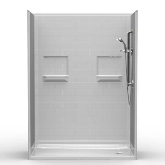 The 5LBS6030B17T is a modern five-piece 60” x 30” walk-in shower with a 1.75” threshold, end drain, four built-in shelves, silver handheld showerhead on a right-side sliding bar, and stylish "subway tile" patterned walls.