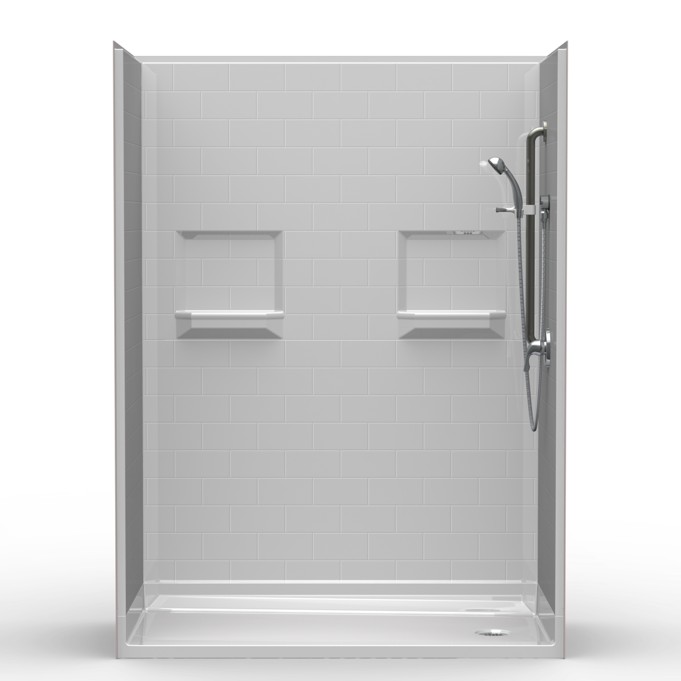 The 5LBS6030B17T is a modern five-piece 60” x 30” walk-in shower with a 1.75” threshold, end drain, four built-in shelves, silver handheld showerhead on a right-side sliding bar, and stylish "subway tile" patterned walls.