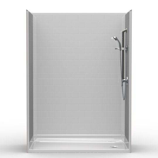 A modern, frameless 5LBS6030B17T walk-in shower (60"x30", 1.75" threshold, end drain) features light gray subway tile-style walls, clear glass door, wall-mounted showerhead, handheld wand on rail, and a white floor with central drain.