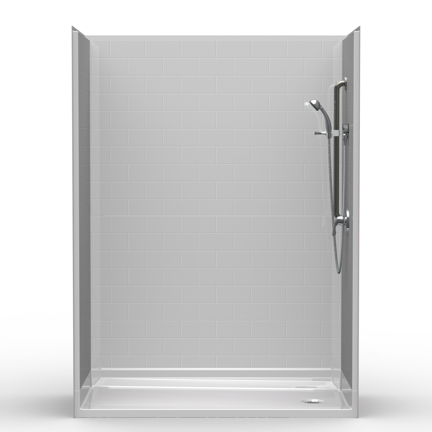 A modern, frameless 5LBS6030B17T walk-in shower (60"x30", 1.75" threshold, end drain) features light gray subway tile-style walls, clear glass door, wall-mounted showerhead, handheld wand on rail, and a white floor with central drain.