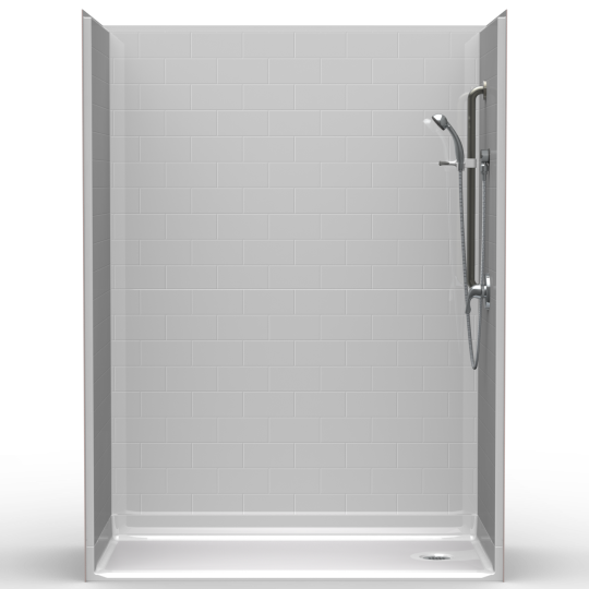 The 5LBS6030B17T is a modern five-piece 60" x 30" walk-in shower with subway tile walls, a 1.75” threshold, an end drain, and accommodates both mounted adjustable and handheld showerheads.
