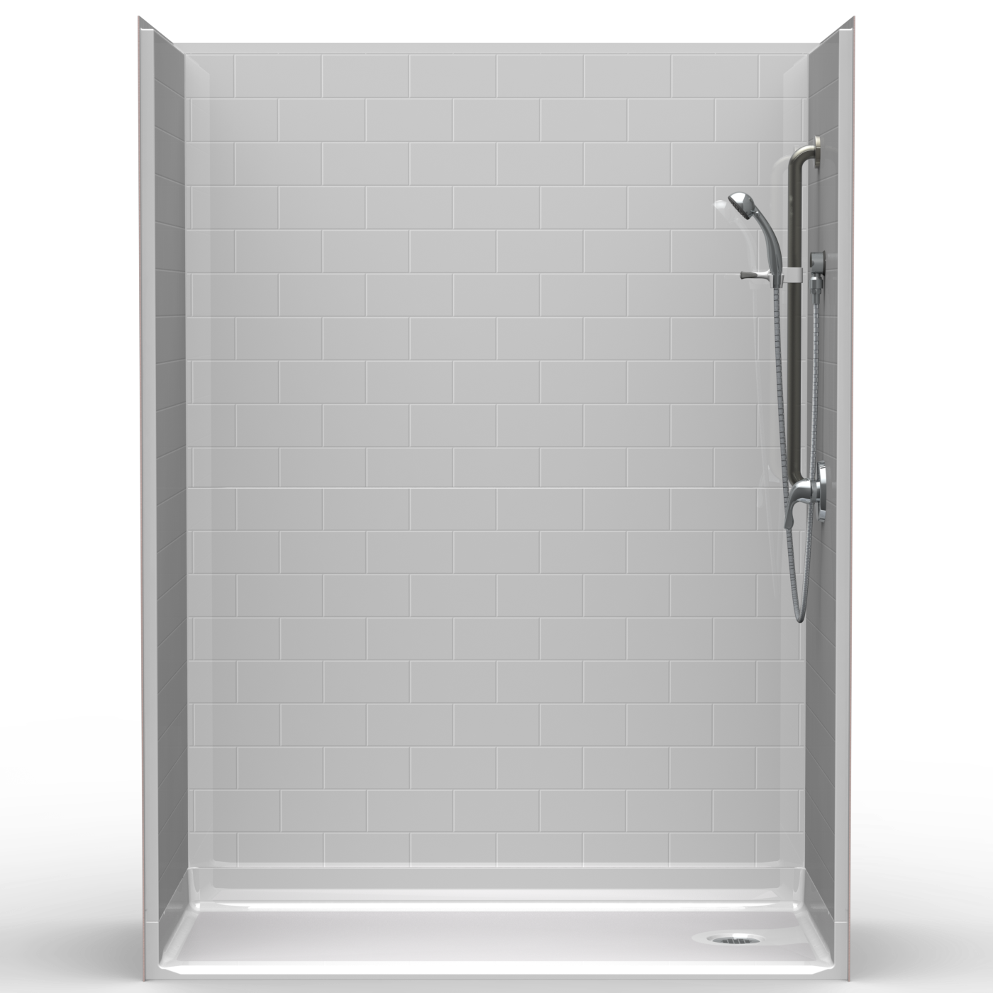 The 5LBS6030B17T is a modern five-piece 60" x 30" walk-in shower with subway tile walls, a 1.75” threshold, an end drain, and accommodates both mounted adjustable and handheld showerheads.
