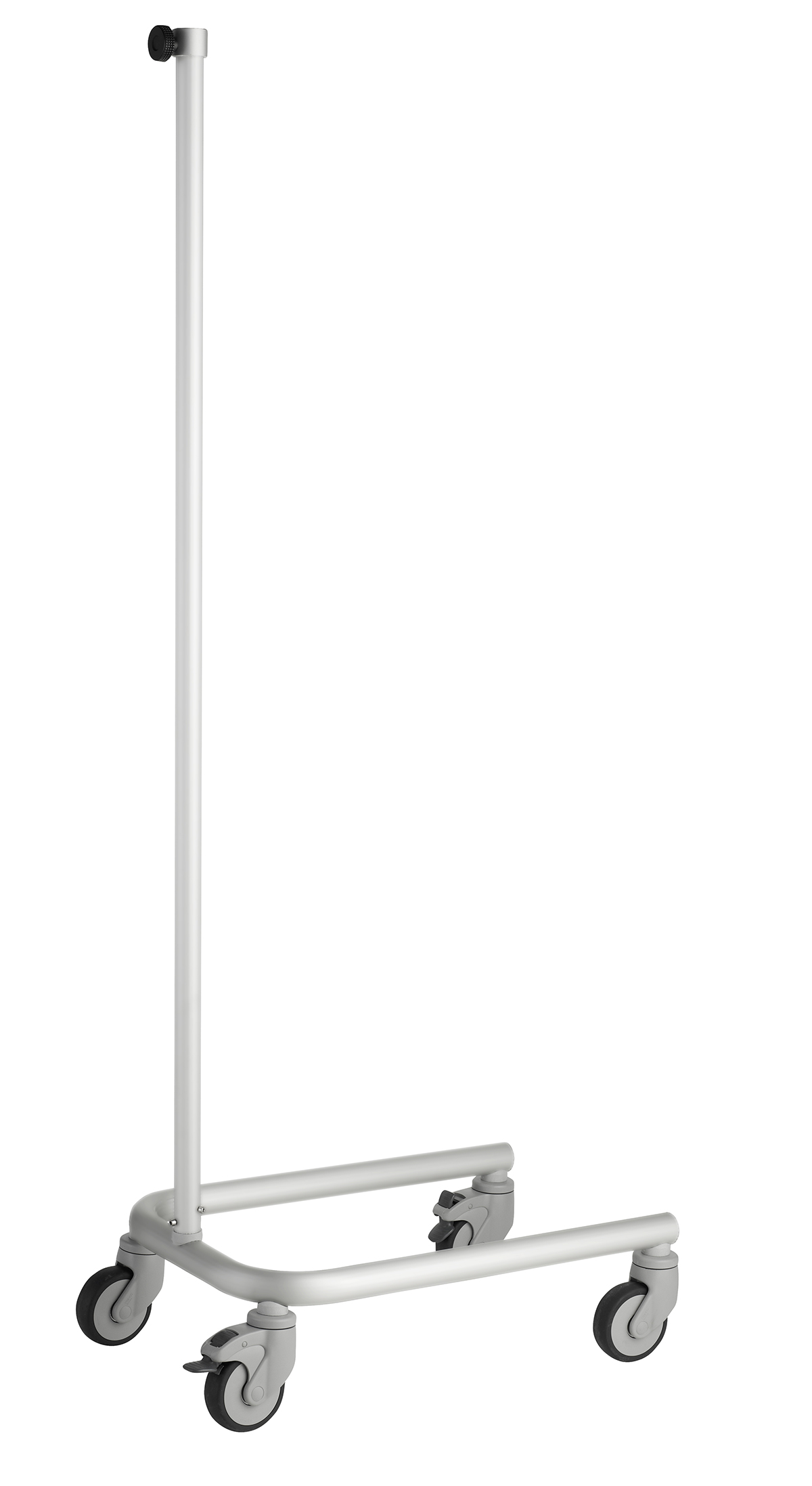 A silver metal IV pole stand with four caster wheels and a tall vertical rod, designed to complement the ropimex® FG95 Mobile Privacy Screen. It features a low rectangular base and no visible hooks or attachments on the pole.