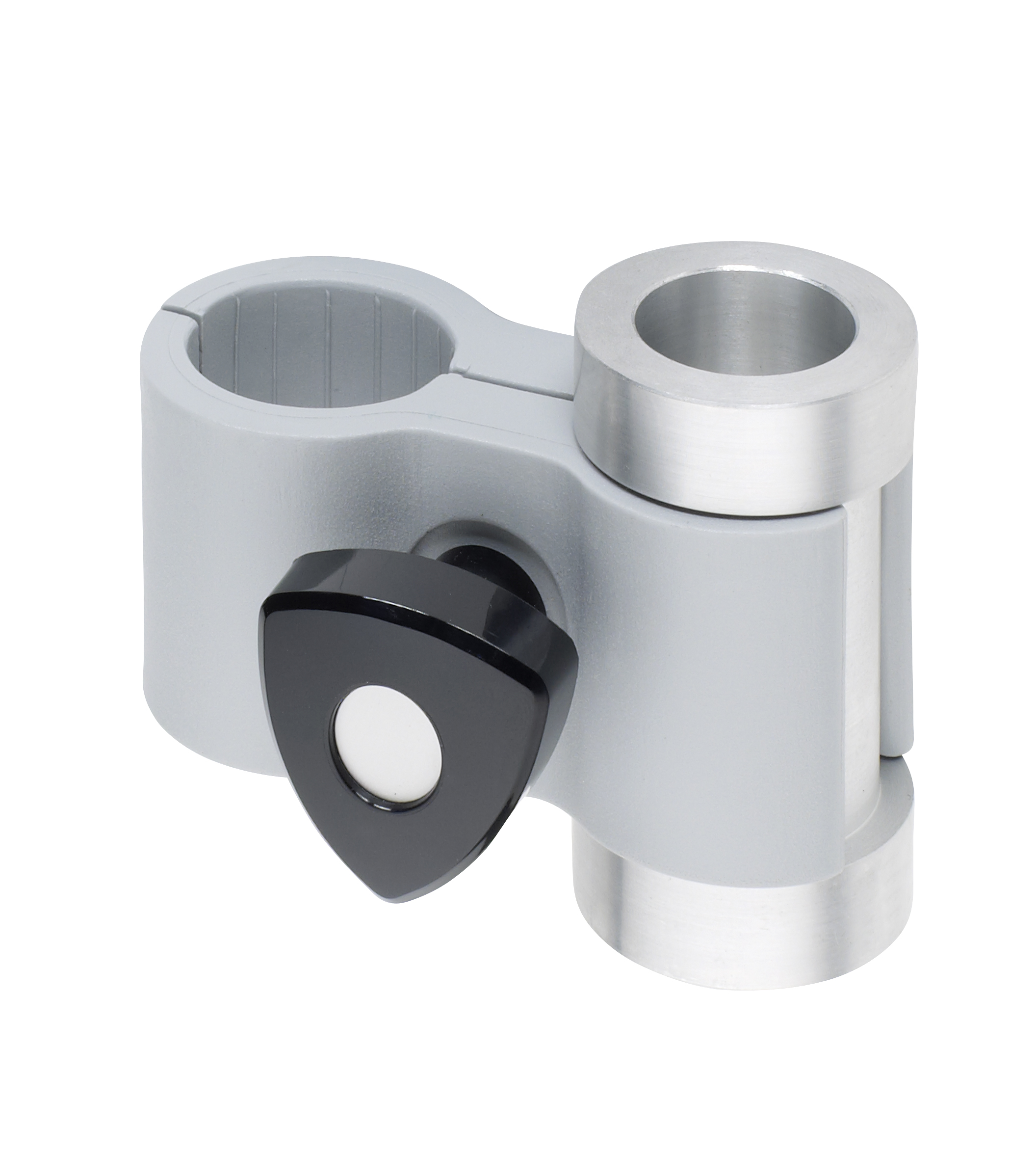 A gray and silver metal clamp with two round openings and a black triangular knob, ideal for securing pipes or tubes—compatible with ropimex® FG95 Mobile Privacy Screen.
