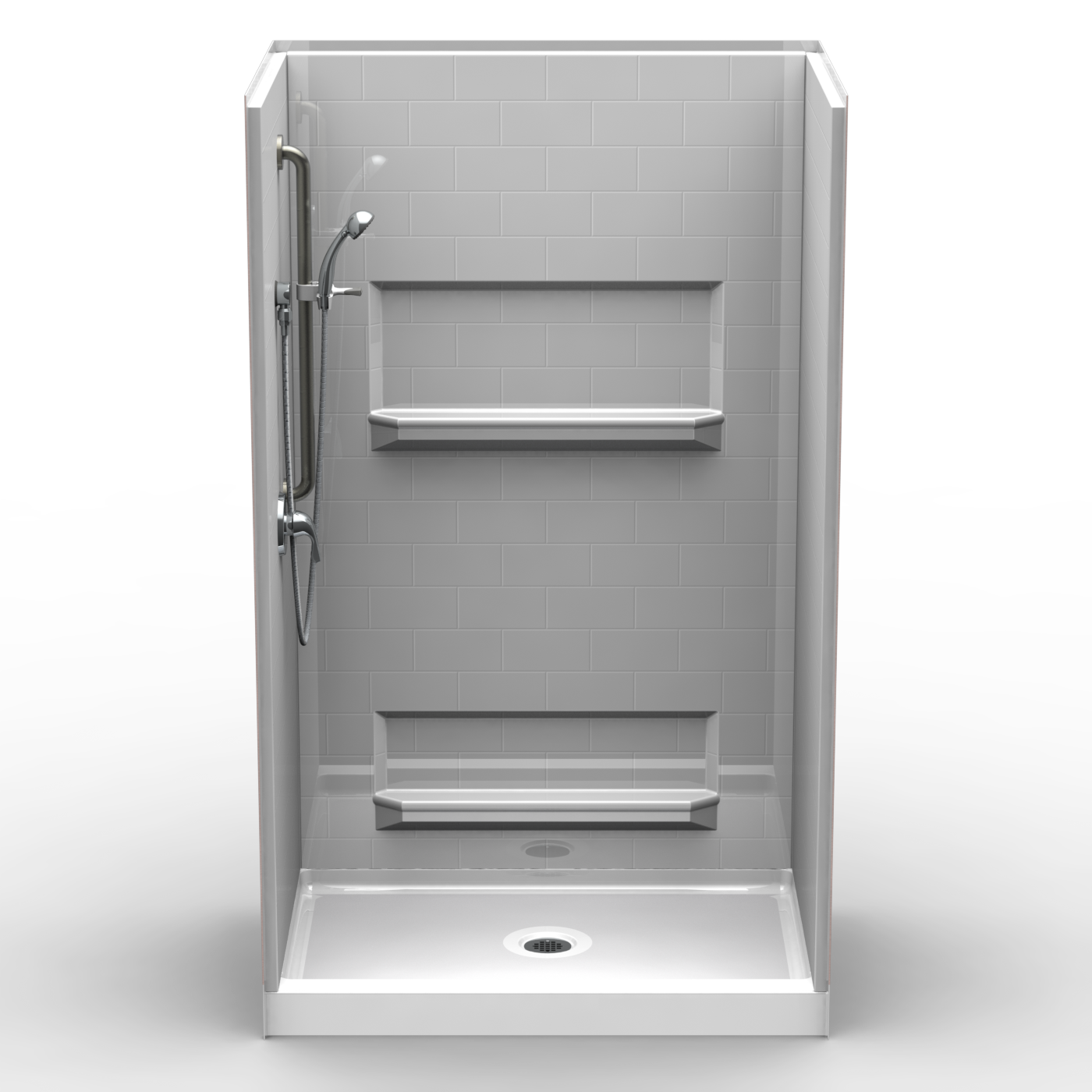 A modern 5LBS6030.V2 five-piece 60” x 30” curbed shower with a 4" threshold, end drain, “subway tile” light gray walls, two built-in shelves, handheld showerhead on sliding bar, and white base.