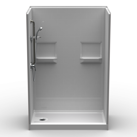 The 5LBS6030.V2 L/R is a white, five-piece 60"x30" curbed shower with a 4” threshold, end drain, subway tile wall, two shelves, grab bar, and handheld showerhead.