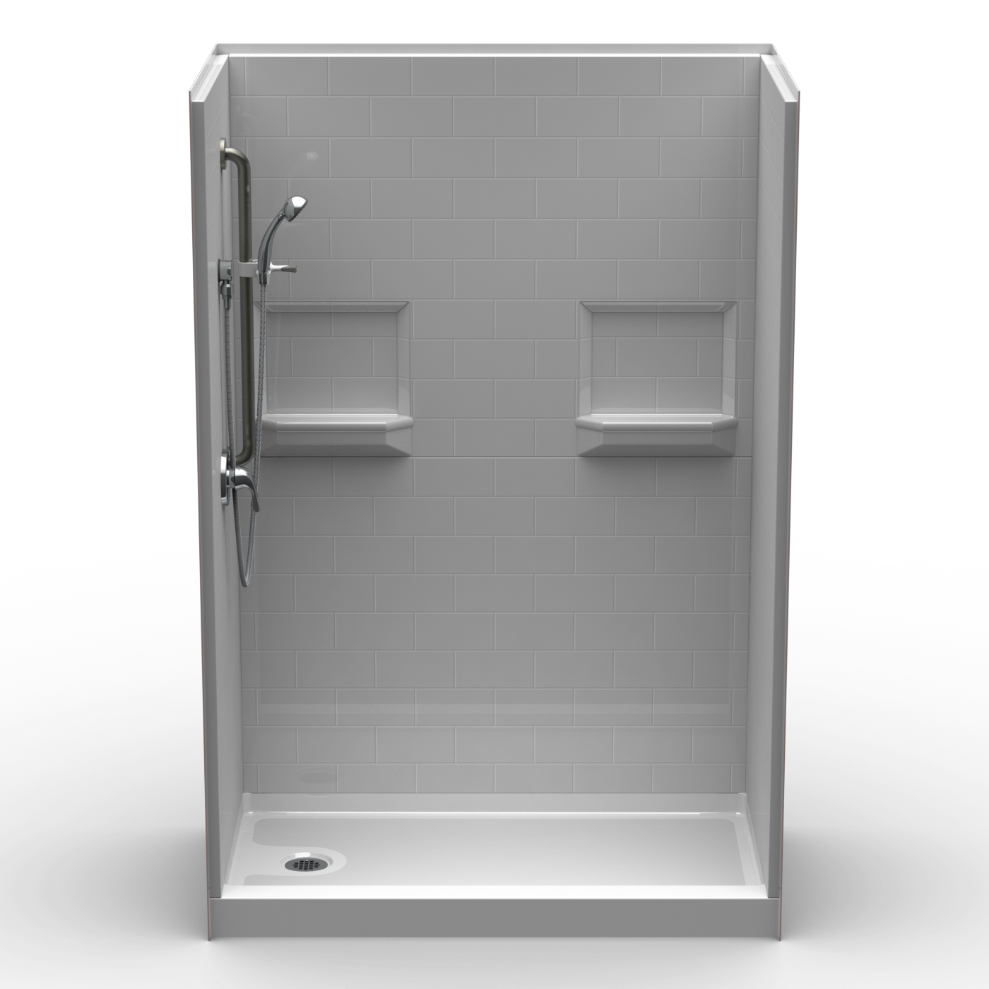 The 5LBS6030.V2 L/R is a white, five-piece 60"x30" curbed shower with a 4” threshold, end drain, subway tile wall, two shelves, grab bar, and handheld showerhead.