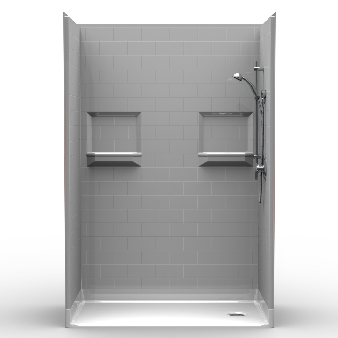 A modern 5LBS6030.V2 L/R Five Piece 60” x 30” curbed shower features light gray subway tile walls, two built-in shelves, a right-mounted handheld showerhead with hose, a white floor, and a corner end drain with a 4” threshold.