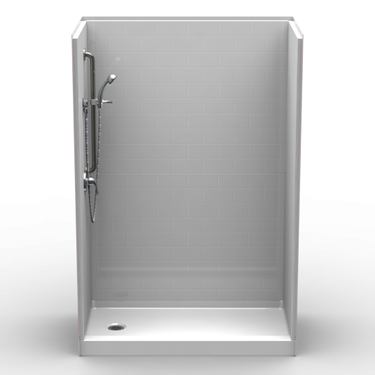 The 5LBS6030.V2 L/R is a five-piece 60” x 30” curbed shower with a 4” threshold, white subway tile walls, an end drain, handheld showerhead on a vertical bar, left wall grab bar, and white shower floor.
