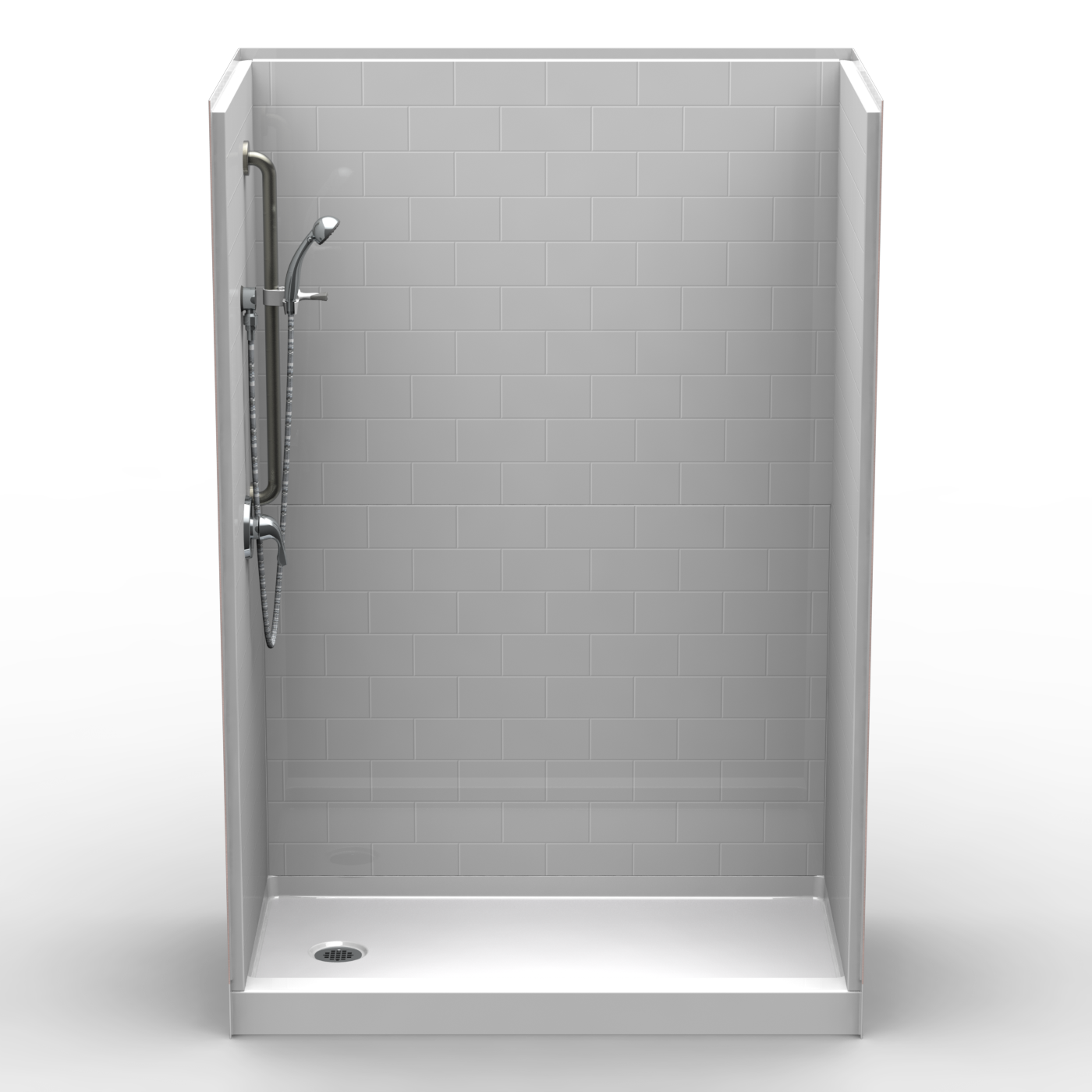 The 5LBS6030.V2 L/R is a five-piece 60” x 30” curbed shower with a 4” threshold, white subway tile walls, an end drain, handheld showerhead on a vertical bar, left wall grab bar, and white shower floor.