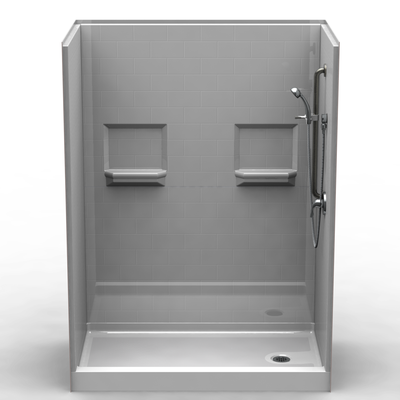 A modern 5LBS6030.V2 L/R five-piece curbed shower (60”x30”) features light gray subway tile walls, two built-in shelves, a handheld showerhead on a slide bar, and a white base with a round front right end drain and 4” threshold.
