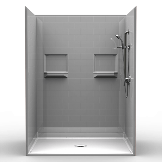 5LBS6048B1B, Five Piece 60” x 48” Roll-in Shower, 1” Threshold, Centre Drain, “Subway Tile”