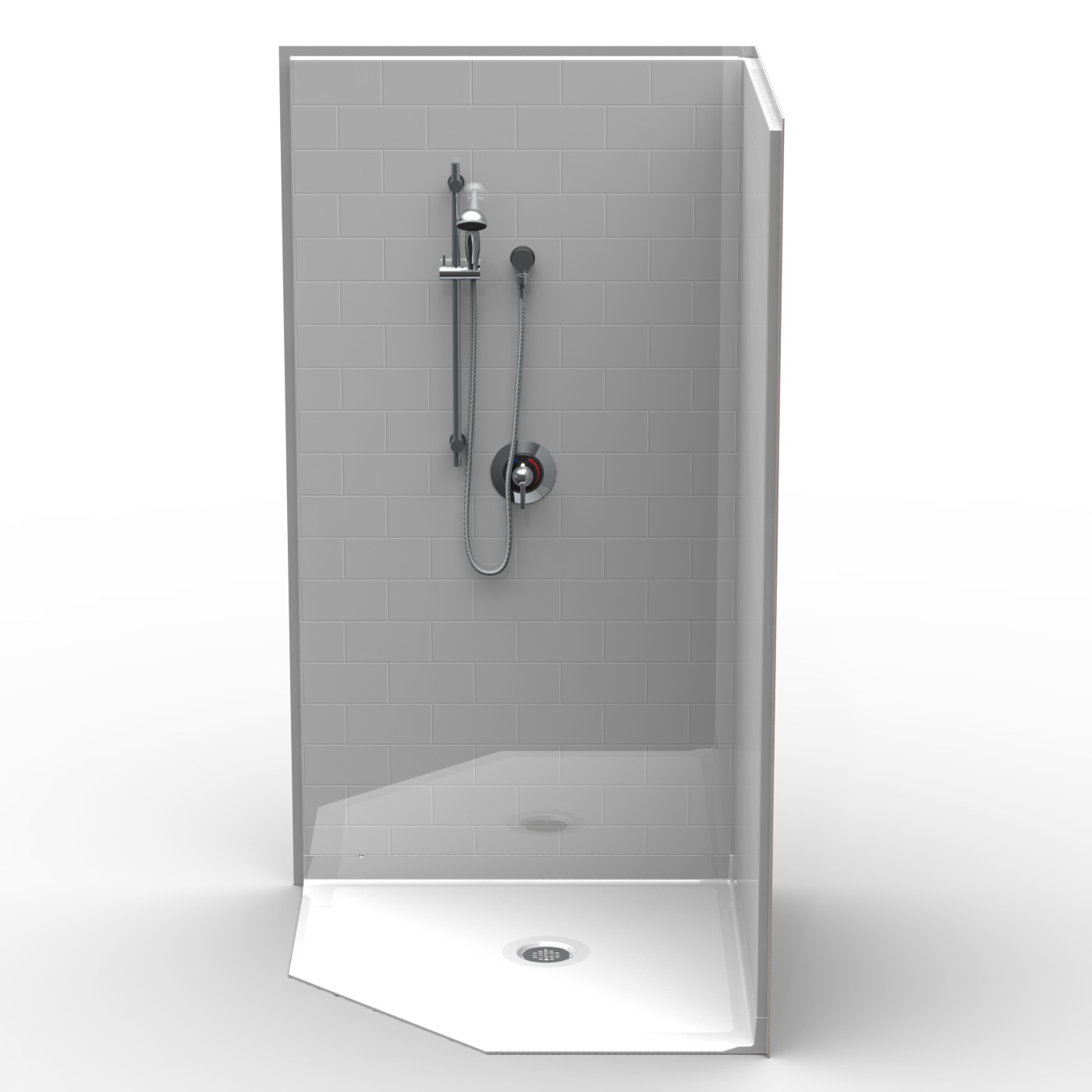 The 3LBNS4242FB75B.V2 is a modern three-piece 42" x 42" neo-angle roll-in shower with gray tiled walls, glass divider, white base, wall-mounted showerhead with hose, soap dispenser, .75" threshold, and a center drain.