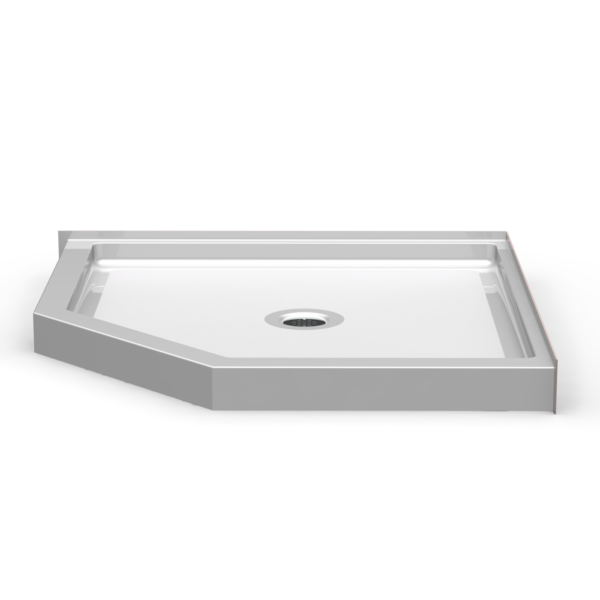The NP4242.V2 is a white, pentagon-shaped one-piece 42” x 42” neo-angle shower pan with a 5” threshold and center drain, set against a plain white background.