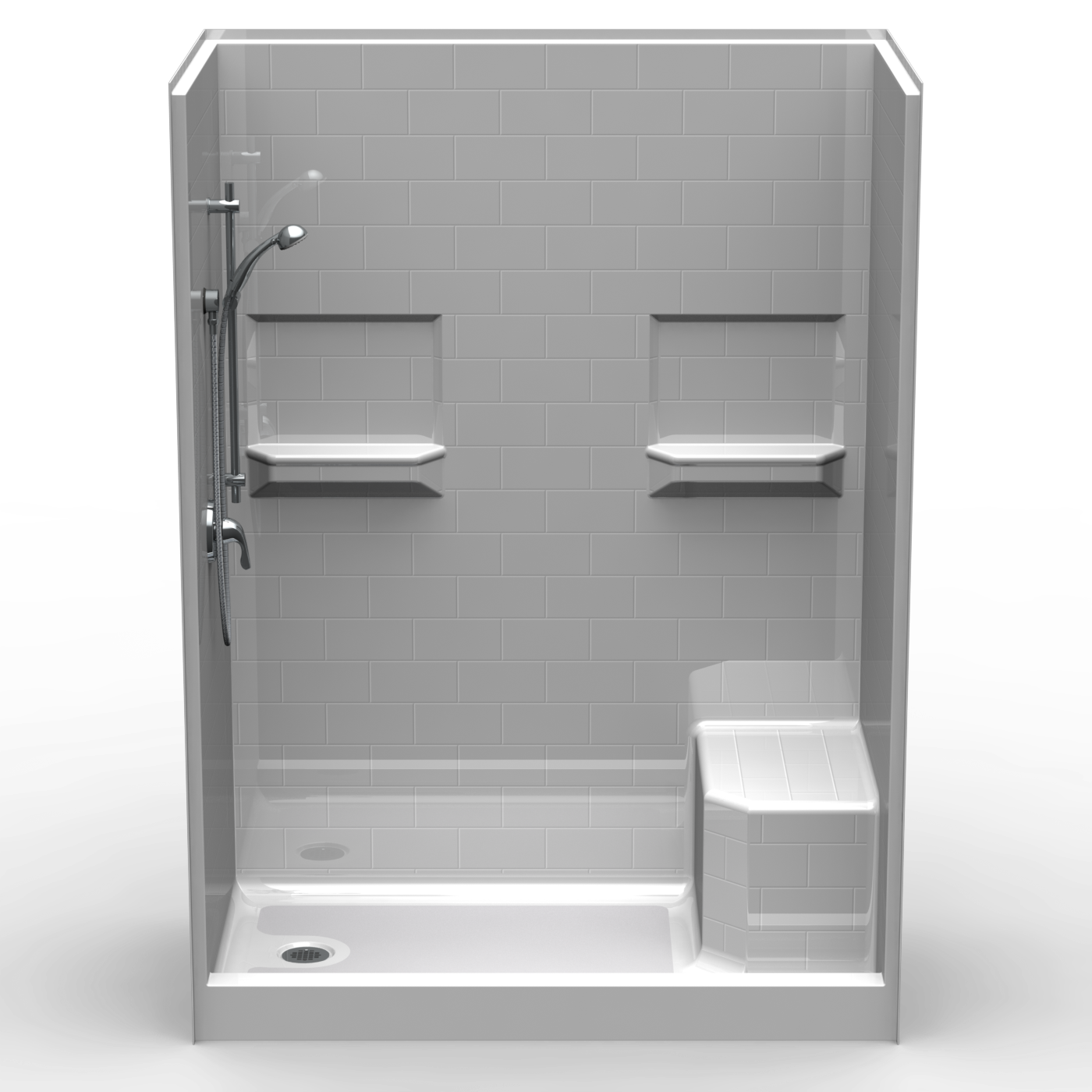 The 4LBSS6032 L/R is a four-piece 60” x 32” curbed shower with a 4” threshold, end drain, and molded-in seat, featuring modern gray tile-pattern walls and storage shelves plus an optional handheld showerhead.