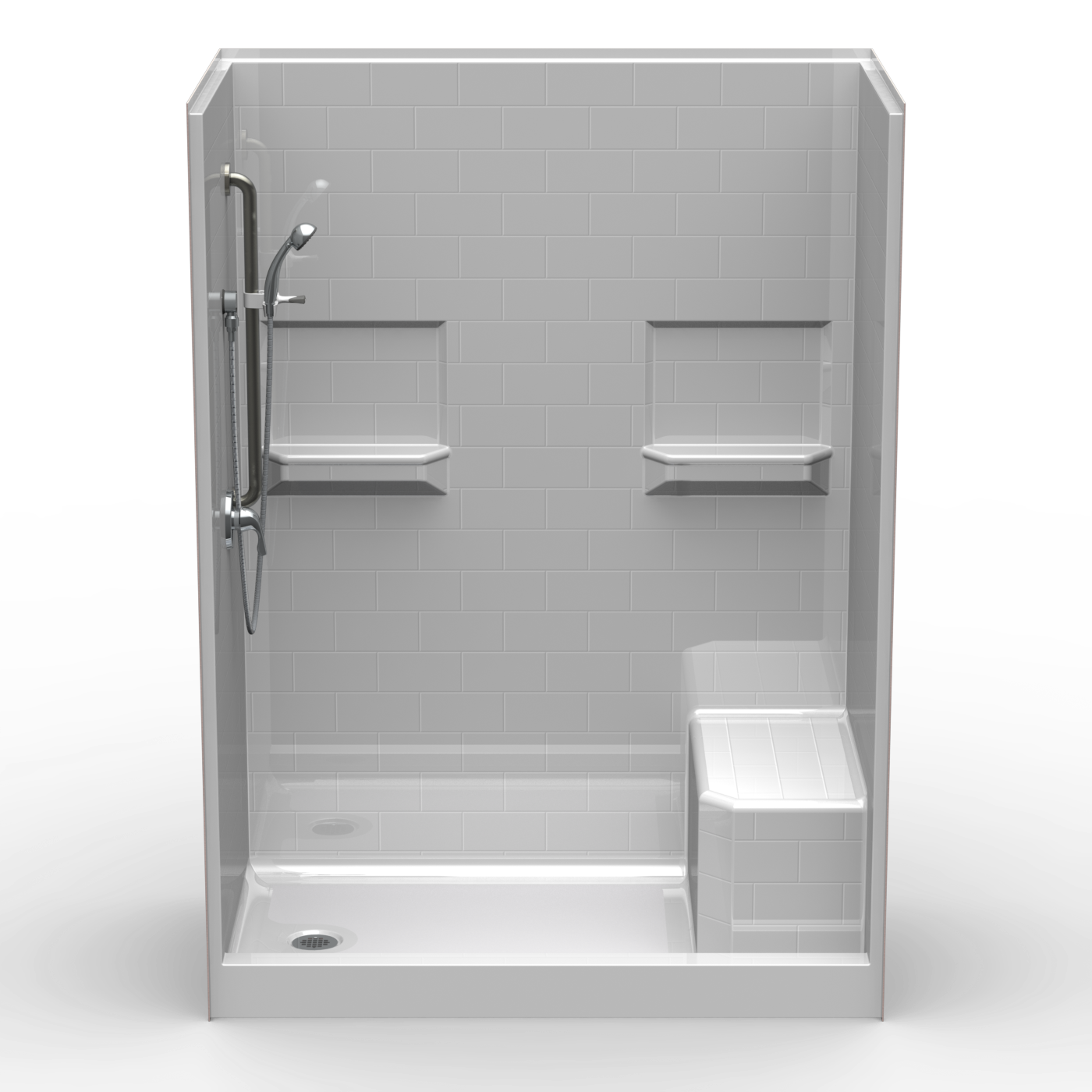 The 4LBSS6036 L/R is a four-piece 60" x 36" curbed shower with a 4" threshold, end drain, and built-in mold-in seat. It features a white finish and a walk-in design enclosed on three sides with an open front.