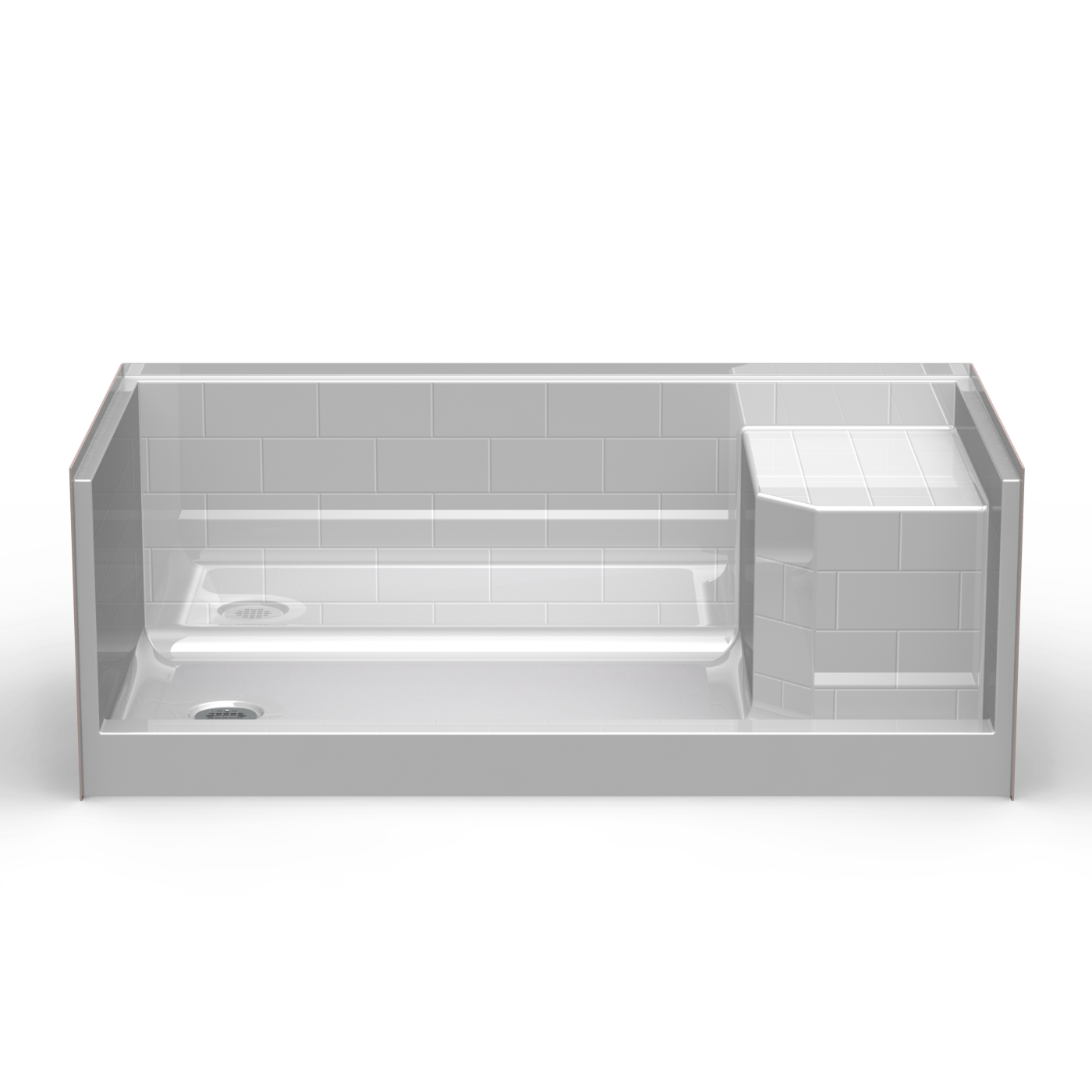 The PBS6030 L/R is a white one-piece 60” x 30” curbed shower pan with a 4” threshold, end drain on the left, integrated right-side seat, and faux tile walls.